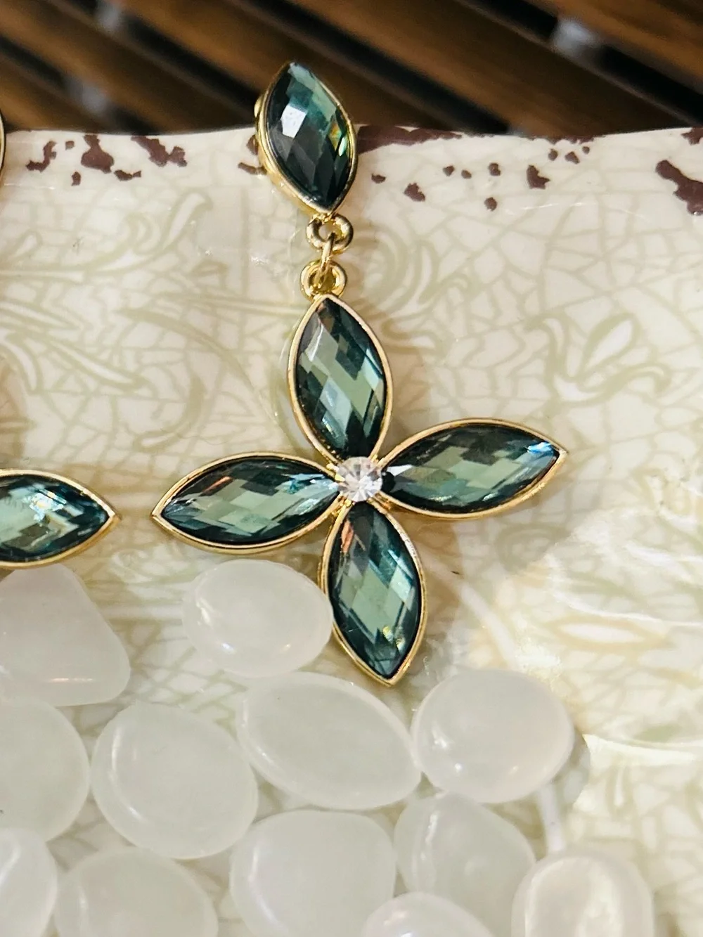 Gold Tone Drop Earrings with Teal Marquise Crystals - Elegant Floral Design